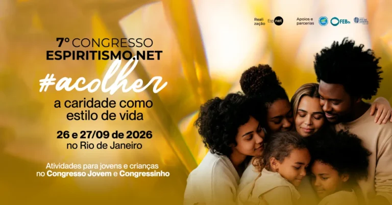 Cartaz do 7º Congresso Espiritismo.net: #acolher, a caridade como estilo de vida, 26 e 27 de setembro de 2026 no Rio de Janeiro