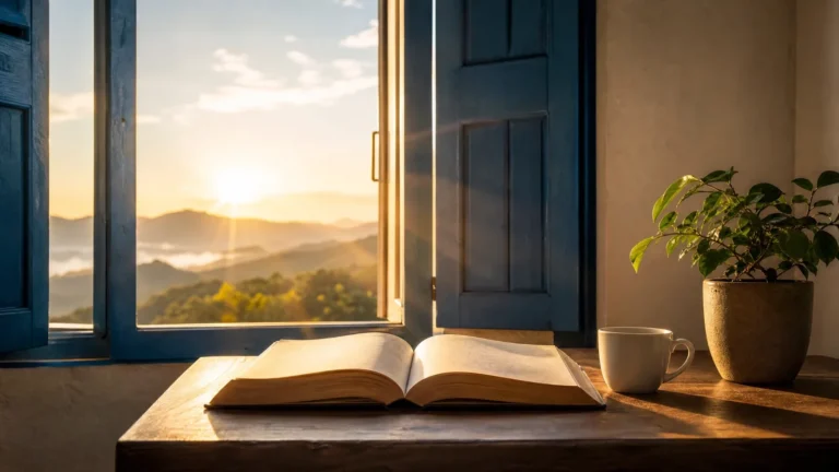 Livro aberto sobre uma mesa de madeira, diante de uma janela azul com o sol nascendo sobre as montanhas