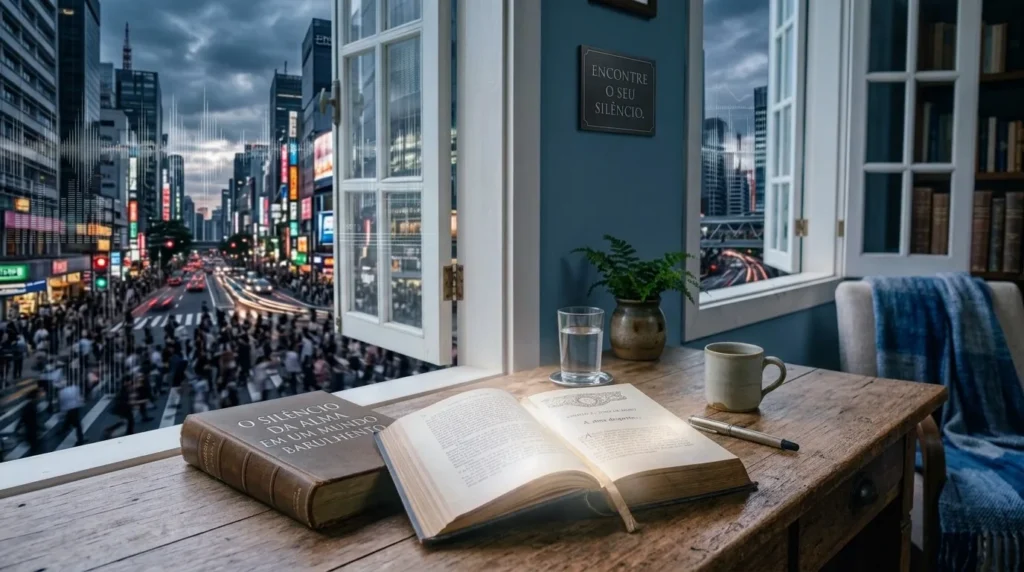 Escrivaninha com livros junto a uma janela aberta para uma avenida movimentada