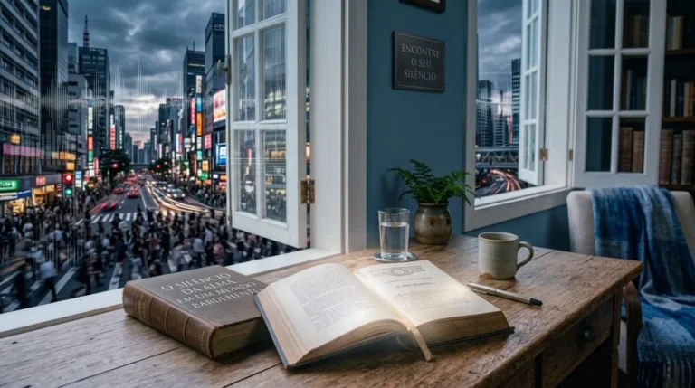 Escrivaninha com livros junto a uma janela aberta para uma avenida movimentada