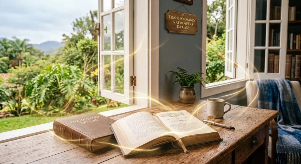 Livro Evangelho no Lar aberto sobre uma escrivaninha, com jardim ao fundo