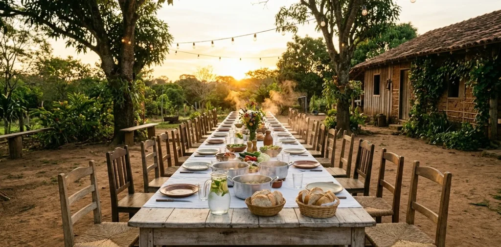 Mesa comprida posta ao ar livre num sítio ao entardecer, com panelas, pães, flores e cadeiras de palha sob um varal de luzes