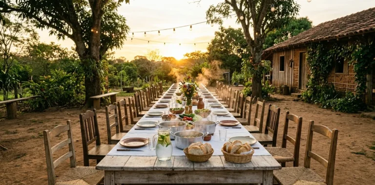 Mesa comprida posta ao ar livre num sítio ao entardecer, com panelas, pães, flores e cadeiras de palha sob um varal de luzes