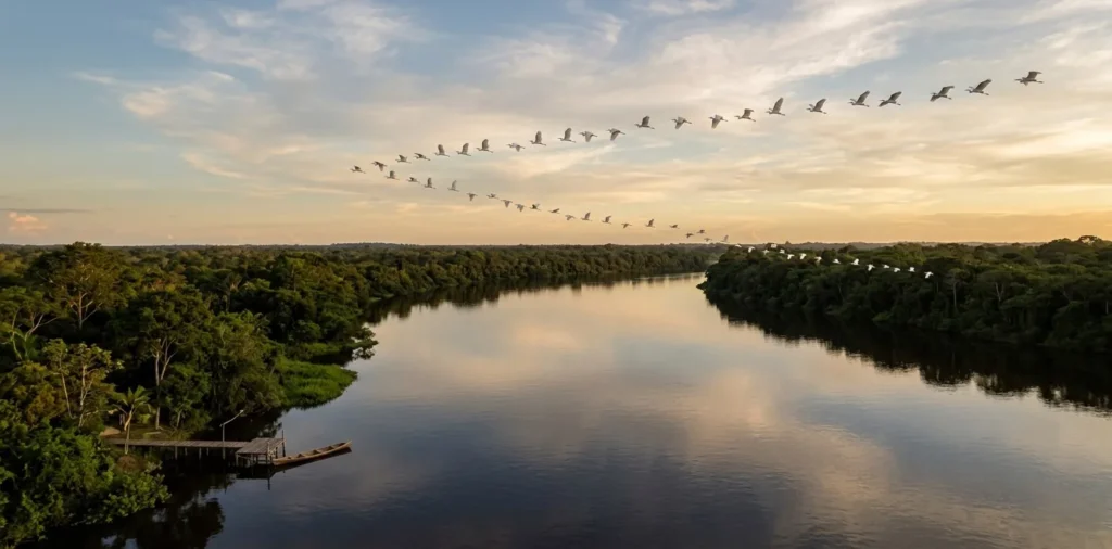 Vista aérea de uma revoada de garças brancas em formação sobre um rio calmo da Amazônia ao entardecer, com trapiche e canoa de madeira na margem