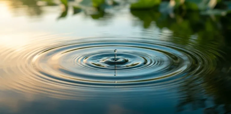 Gota de água caindo em um lago calmo, formando círculos concêntricos ao amanhecer