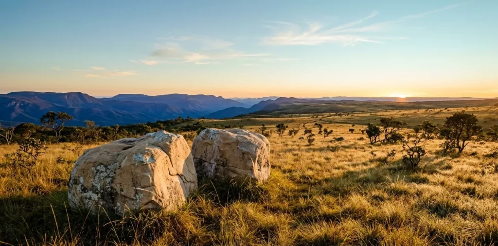 Dois grandes blocos de pedra clara lado a lado sobre capim dourado no alto de uma chapada do cerrado, com serras azuladas e o sol nascendo no horizonte