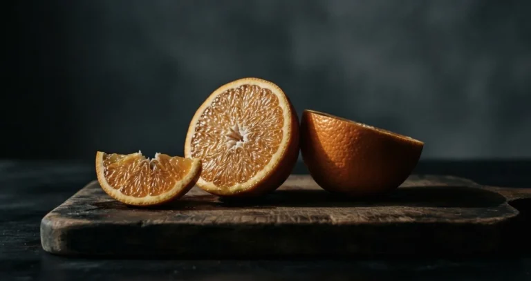 Laranja cortada ao meio sobre uma tábua de madeira escura, com um gomo separado ao lado