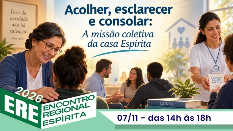 Cartaz do Encontro Regional Espírita 2026 da 6ª URE, tema Acolher, esclarecer e consolar: a missão coletiva da casa espírita, em 07/11 das 14h às 18h