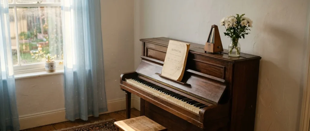 Piano de armário antigo de madeira com metrônomo e vaso de crisântemos brancos, iluminado pela luz suave da janela com cortina azul
