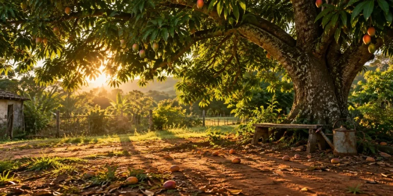 Mangueira carregada de frutos num quintal de sítio ao entardecer, com mangas caídas no chão, banco de madeira e regador antigo à sombra