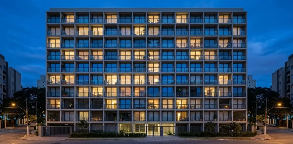 Fachada de prédio residencial na hora azul, com dezenas de janelas iguais, algumas acesas com luz amarela, simbolizando a lei de igualdade no espiritismo