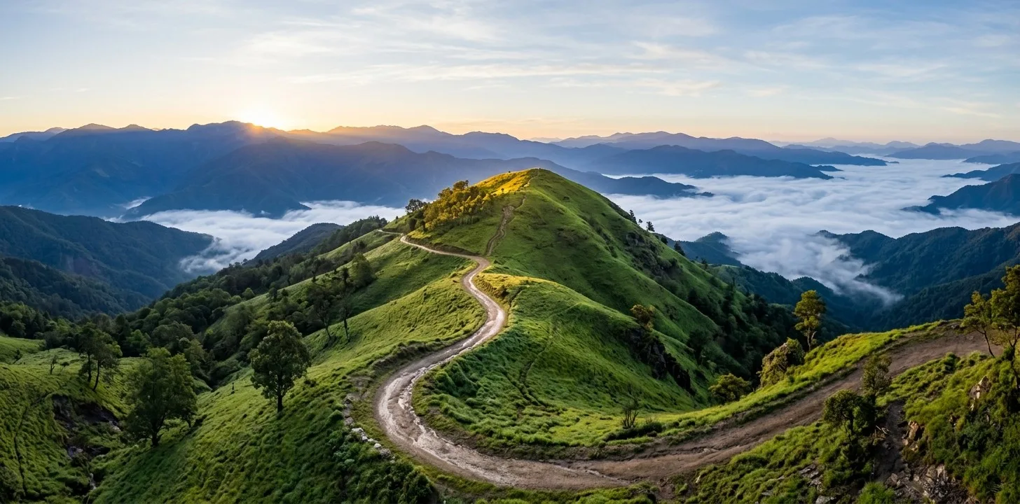 Vista aérea de uma trilha de terra sinuosa subindo um morro verde ao amanhecer, com neblina nos vales