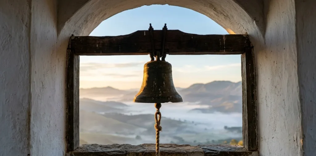 Sino antigo de bronze no campanário caiado de uma capela colonial, com vale enevoado e montanhas ao nascer do sol ao fundo