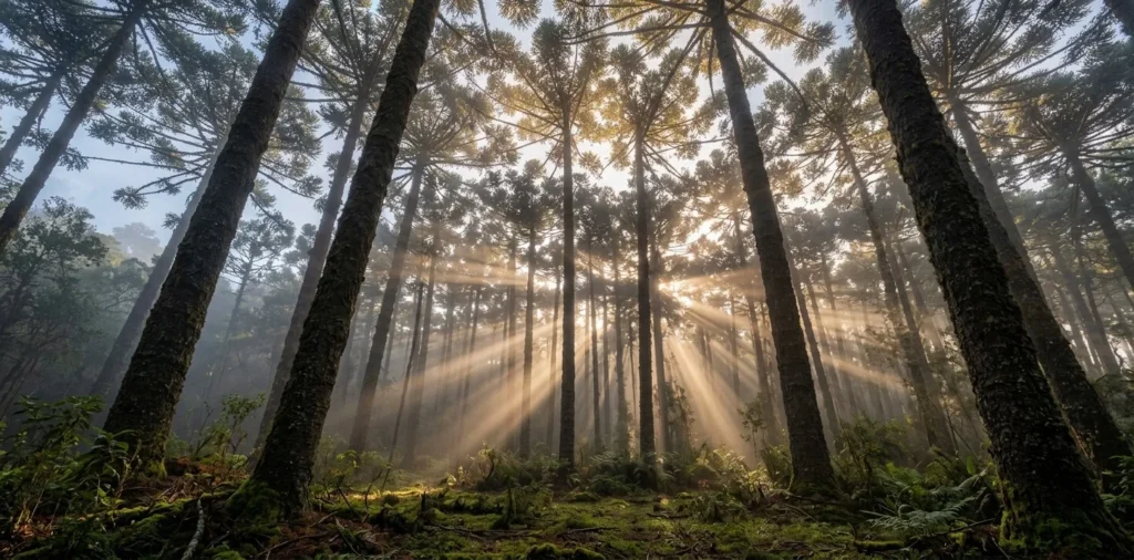 Raios de sol atravessando a névoa entre troncos altos de araucárias numa floresta ao amanhecer, vista de baixo para cima