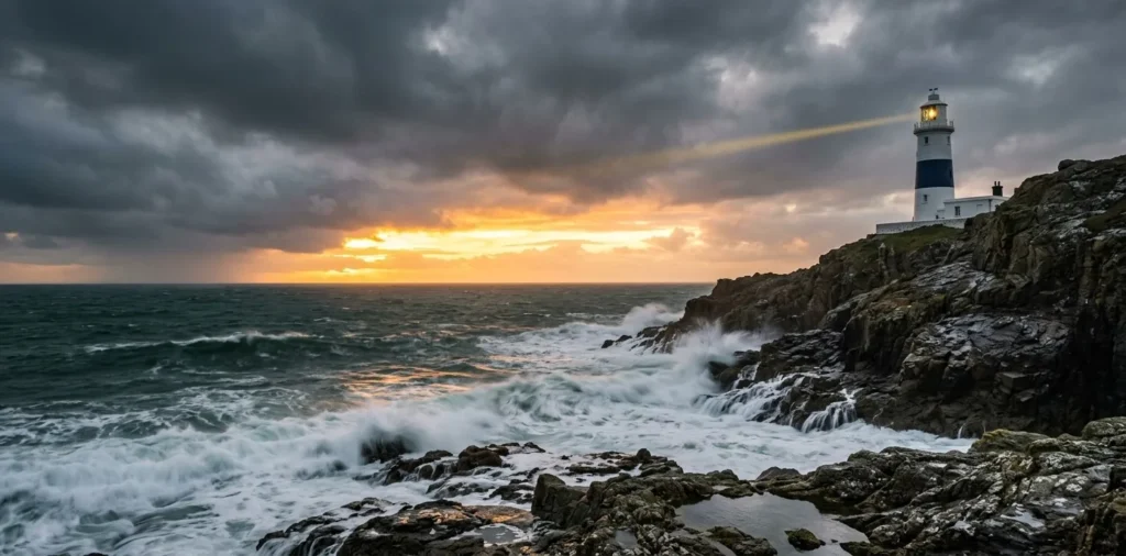 Farol aceso no alto de um rochedo durante uma tempestade, com ondas fortes no mar e o sol aparecendo entre nuvens escuras