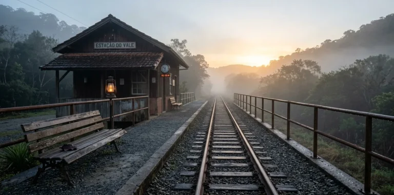 Pequena estação de trem antiga ao amanhecer, com lampião aceso, banco de madeira e trilhos que somem na neblina rumo ao sol nascente