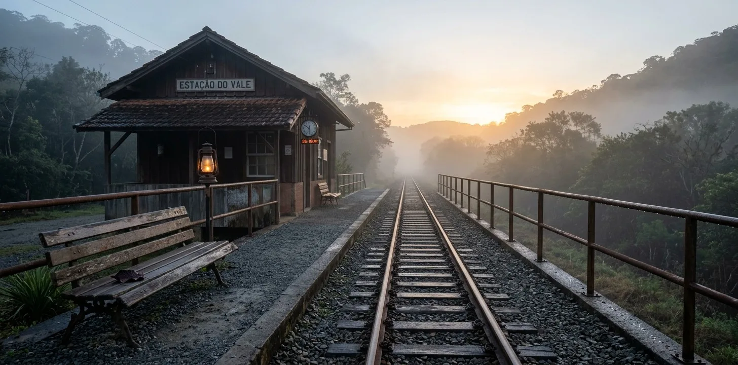 Pequena estação de trem antiga ao amanhecer, com lampião aceso, banco de madeira e trilhos que somem na neblina rumo ao sol nascente