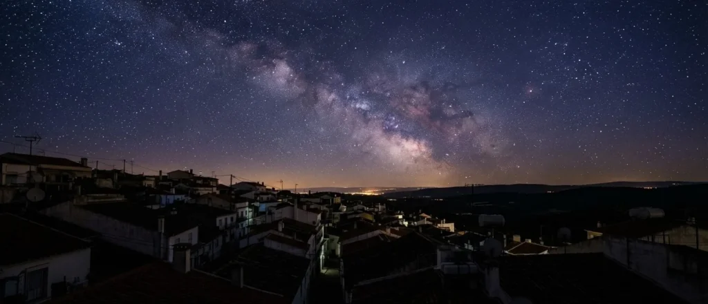 Céu noturno estrelado com a Via Láctea sobre os telhados de uma pequena cidade