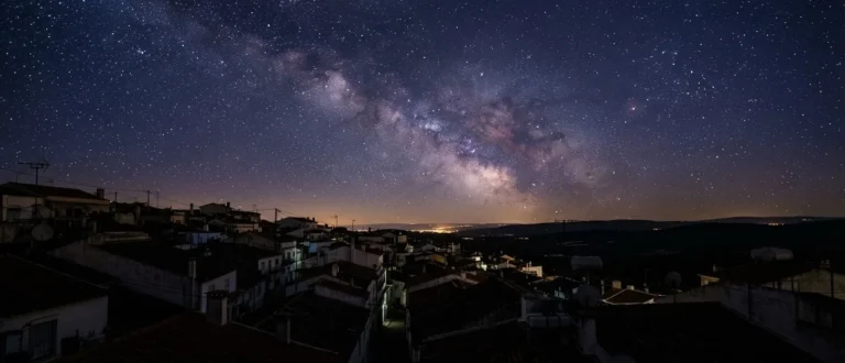 Céu noturno estrelado com a Via Láctea sobre os telhados de uma pequena cidade