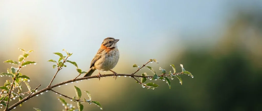 Pequeno tico-tico pousado num galho com gotas de orvalho ao amanhecer, com céu azul-claro desfocado ao fundo