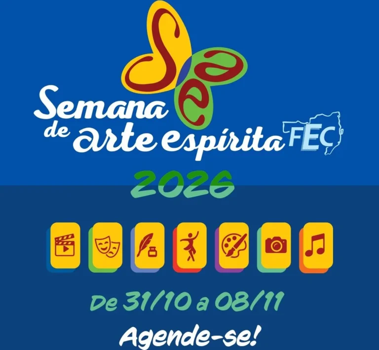 Cartaz da Semana de Arte Espírita 2026 da Federação Espírita Catarinense, de 31/10 a 08/11, com ícones de cinema, teatro, poesia, dança, pintura, fotografia e música