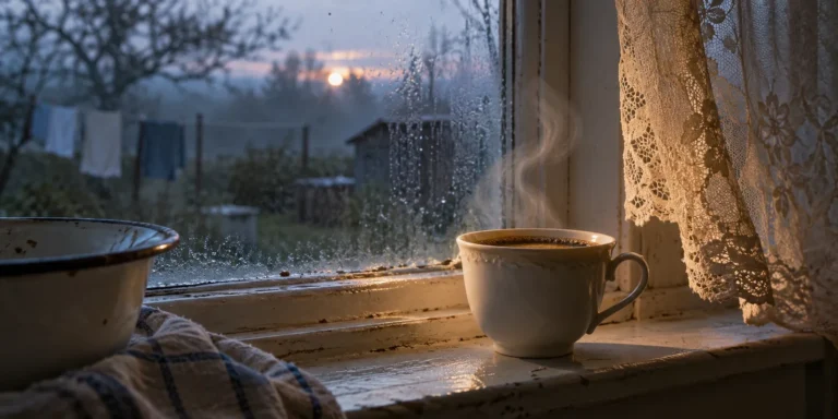 Xícara de café fumegante no peitoril de uma janela com cortina de renda, vidro molhado de chuva e o sol nascendo ao fundo