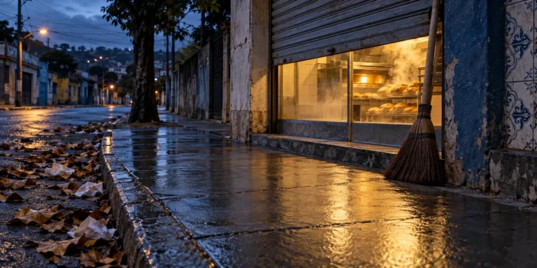 Calçada molhada ao amanhecer diante de uma padaria iluminada, com pães no forno e uma vassoura encostada na parede