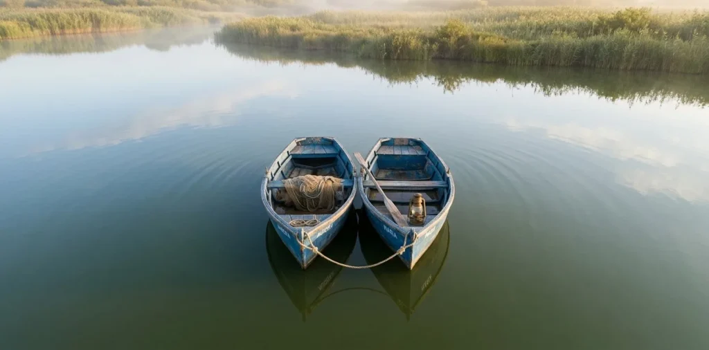Dois barcos de madeira azuis amarrados lado a lado num lago calmo ao amanhecer, com neblina e juncos ao fundo